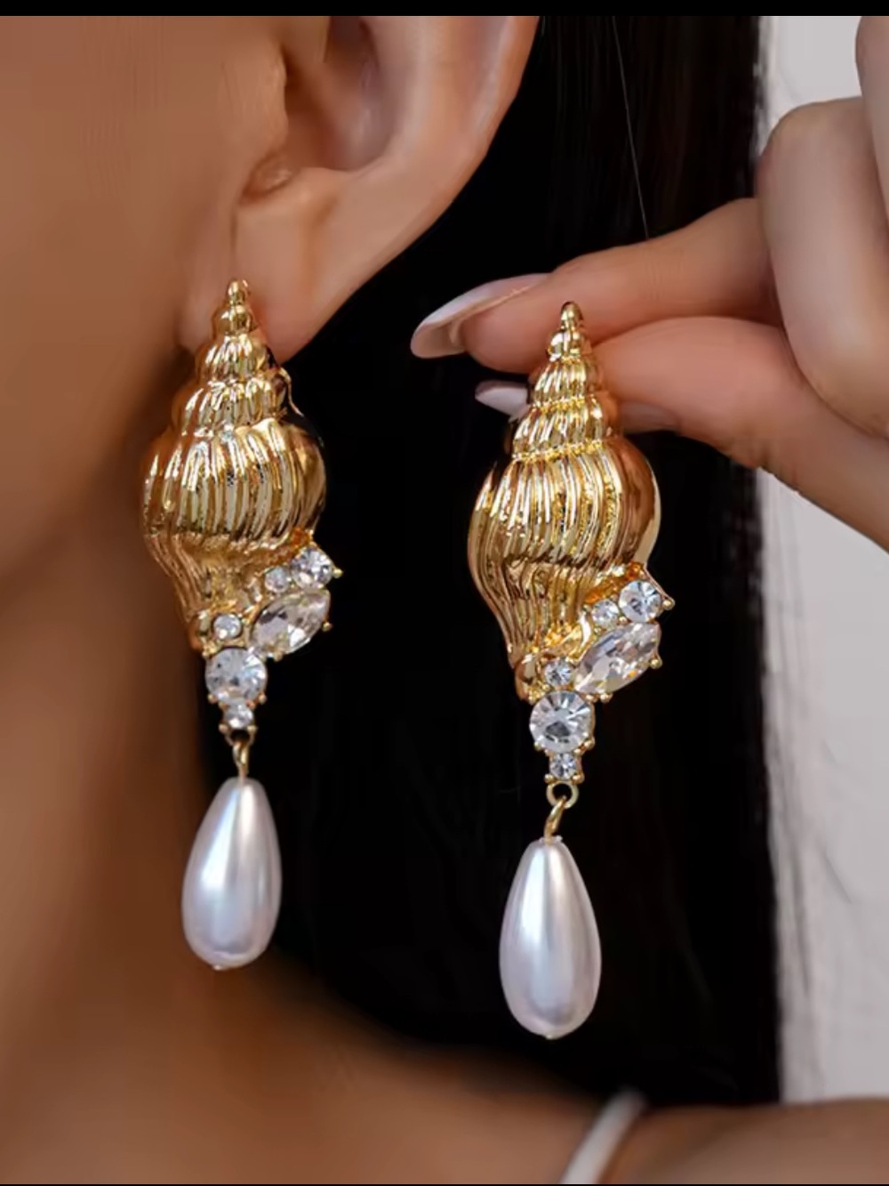 Shell Drop Earrings with White Pearl and Crystal Accents